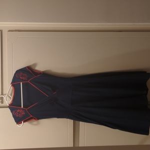 Gorgeous medium m octopus dress blue navy red embroidery vintage style Swing.